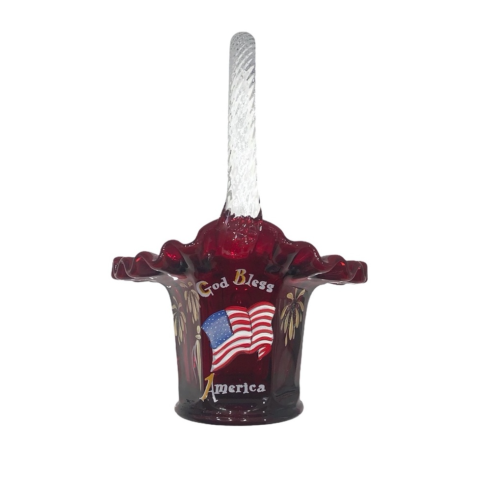 FENTON GOD BLESS AMERICA HAND PAINTED PATRIOTIC RED GLASS BASKET
